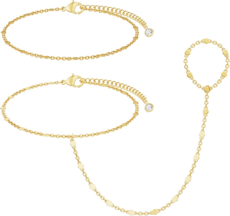 Moodear Sterling Silver Dainty Ring Bracelet Hand Chain for Women - 14K Gold Plated/Sterling Silver Layered Adjustable Satellite Bead Paperclip Dot CZ Link Hand Chain Bracelets Non Tarnish Trendy Jewelry Gift - Image 1